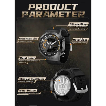 North Edge Hornet Men's Luminous Digital Sports Watch black silicone strap metal bezel and luminous dial shown front and back