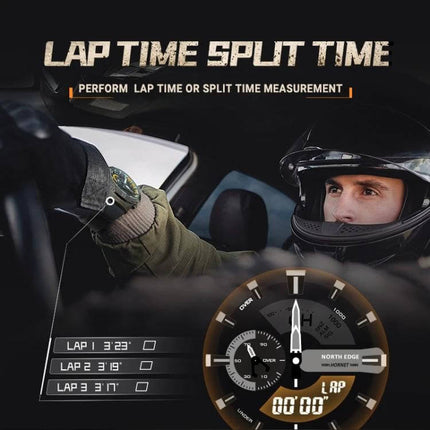 North Edge Hornet Men's Luminous Digital Sports Watch shown on driver using stopwatch and lap time display
