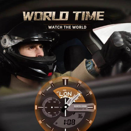 North Edge Hornet Men's Luminous Digital Sports Watch shown on a racer's wrist with world time London display