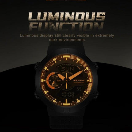 North Edge Hornet Men's Luminous Digital Sports Watch displaying luminous orange dial in dark environment with stopwatch and world time features