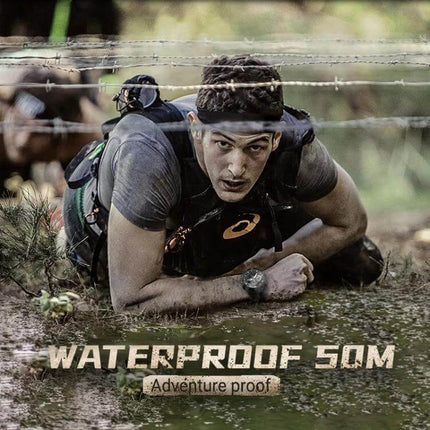 North Edge Hornet Men's Luminous Digital Sports Watch on male athlete crawling through mud under barbed wire, waterproof 50M, luminous display