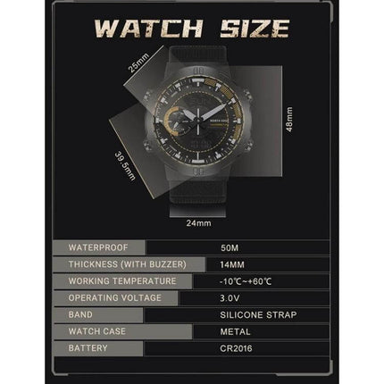 North Edge Hornet Men's Luminous Digital Sports Watch showing dimensions, waterproof 50M, silicone strap, metal case and specs