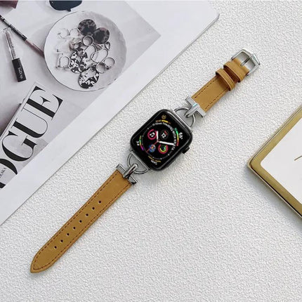 D-Shaped Steel and Genuine Leather Apple Watch Band 38-45mm