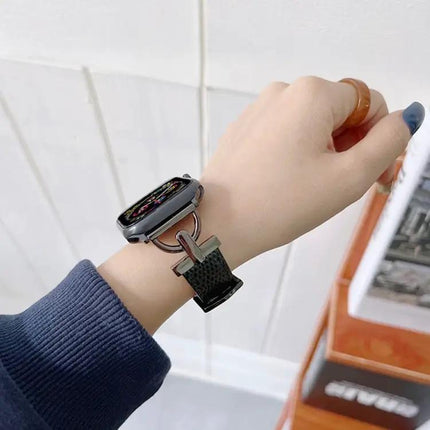 D-Shaped Steel and Genuine Leather Apple Watch Band 38-45mm