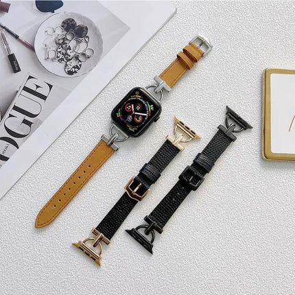 D-Shaped Steel and Genuine Leather Apple Watch Band 38-45mm