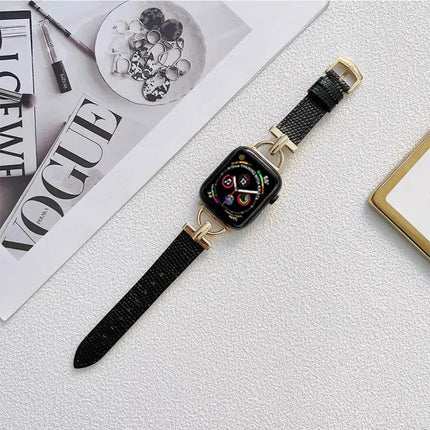 D-Shaped Steel and Genuine Leather Apple Watch Band 38-45mm
