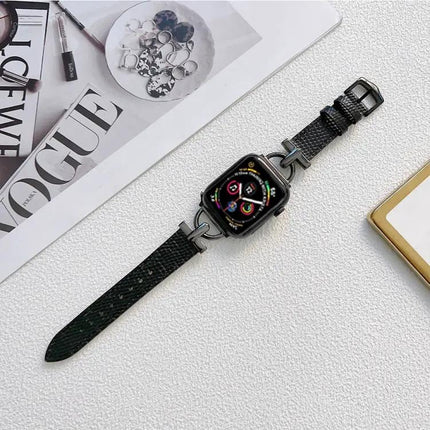 D-Shaped Steel and Genuine Leather Apple Watch Band 38-45mm