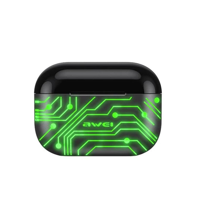 Awei Wireless Earbuds For Calls And Daily Music Use sleek black charging case with neon green circuit design and Bluetooth 5.2