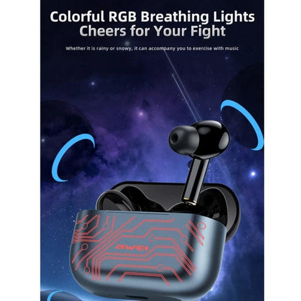 Awei Wireless Earbuds For Calls And Daily Music Use with RGB breathing lights, Bluetooth 5.2, sweat resistant, charging case