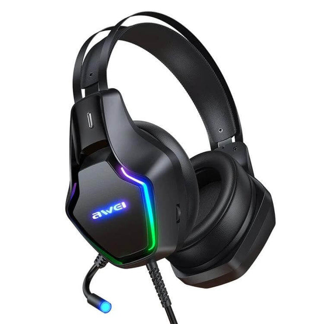 Awei Wired Over Ear Gaming Headset With Ambient Light For Calls black headset with RGB lighting and USB 3.5mm connectivity