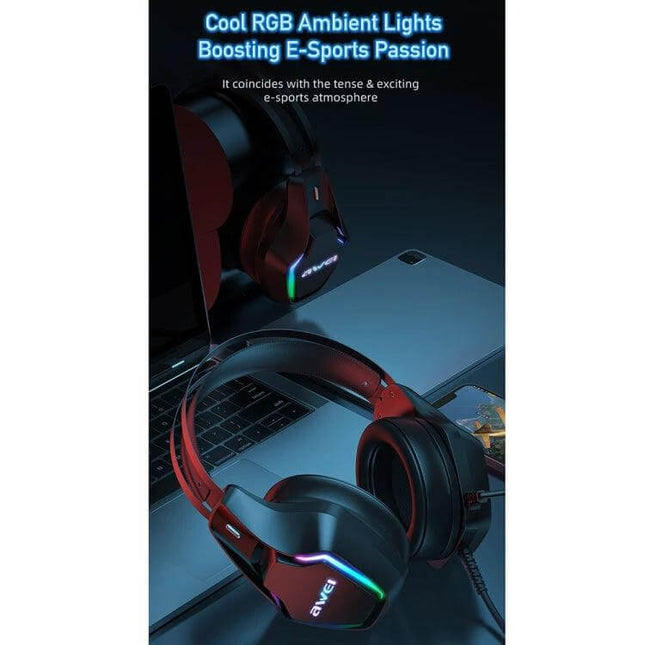 Awei Wired Over Ear Gaming Headset With Ambient Light For Calls displayed with RGB lighting on laptop for gaming sessions