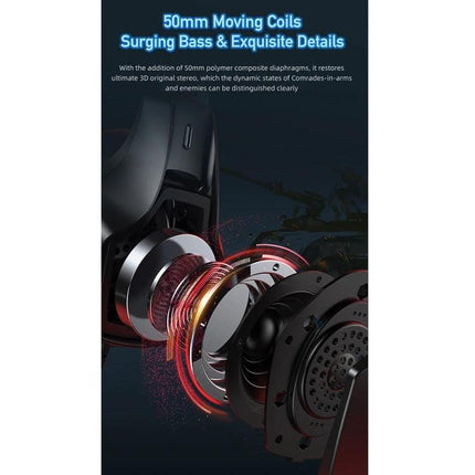 Awei Ambient Light Gaming Headset for PC and Laptops showing 50mm moving coils and layered driver components