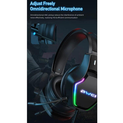 Awei Ambient Light Gaming Headset for PC and Laptops with omnidirectional microphone and RGB lighting on black earcups