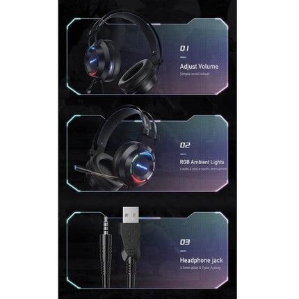 Awei USB Wired Gaming Headset For Clear Team Chat On PC showing RGB ambient lights, USB plug, microphone and volume control