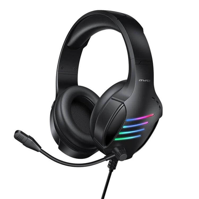Awei Wired USB Gaming Headset With Ambient Light For Chat black over-ear headset with mic and RGB stripes
