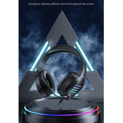 Awei Wired USB Gaming Headset With Ambient Light For Chat showing black headset with RGB lighting and mic