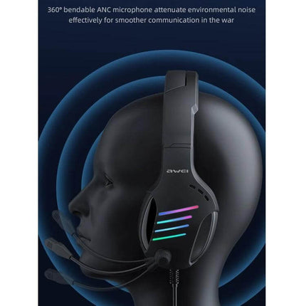 Awei Wired USB Gaming Headset With Ambient Light For Chat on mannequin with RGB earcup lights and bendable mic