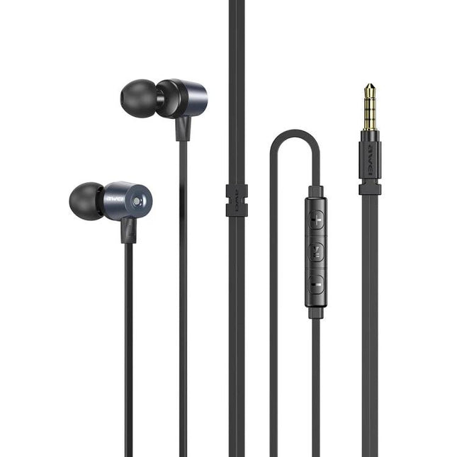 Awei Wired In Ear Earphones For Commuting And Work Use Black with 3.5mm plug, inline controls, metal housings, silicone tips