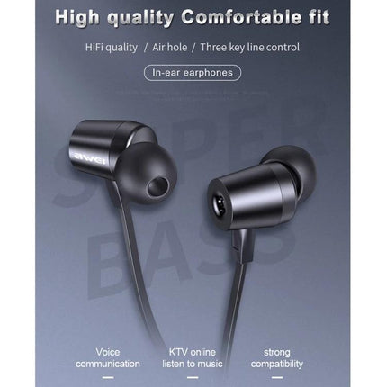 Awei Wired In Ear Earphones For Commuting And Work Use Black slim metal housings silicone tips inline controls for calls