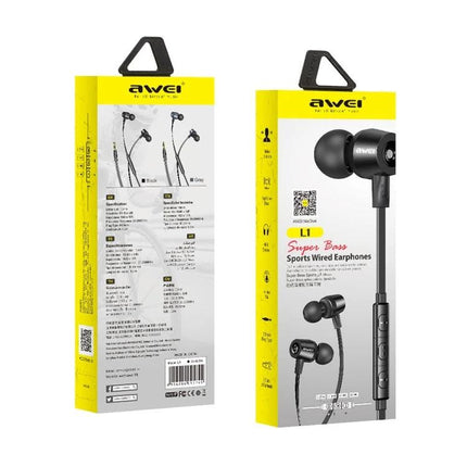 Awei Wired In Ear Earphones For Commuting And Work Use Black packaged L1 wired earphones with inline controls and silicone tips