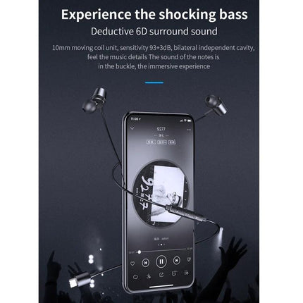 Awei In-Ear Earphones for Daily Commutes and Work black wired earbuds wrapped around smartphone demonstrating bass and hands-free calling