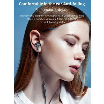 Awei In-Ear Earphones for Daily Commutes and Work - woman wearing in-ear earphones with inline remote, comfortable anti-fall fit