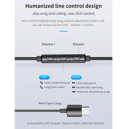 Awei In-Ear Earphones for Daily Commutes and Work wired inline remote with volume buttons, mic and Type-C plug for calls and music