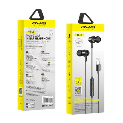 Awei In-Ear Earphones for Daily Commutes and Work - black Type-C in-ear headphones with inline mic and volume control, retail packaging