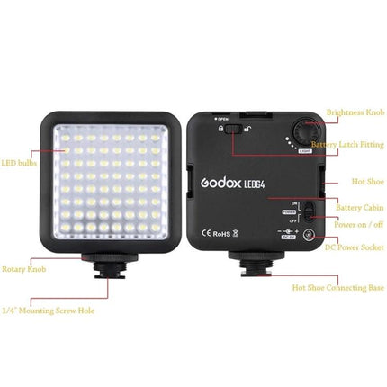 Godox LED64 Video Light for Photography and Video Shooting compact 64-LED panel front and back view with controls