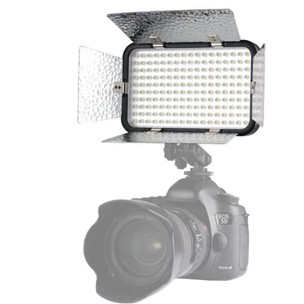 Godox LED Video Light for Photography and Videography mounted on DSLR with barn doors, 170-LED panel for even studio and event illumination