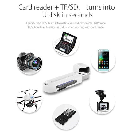 ORICO USB 3.0 Card Reader for SD and TF Data Transfer - compact white USB 3.0 card reader shown with camera, phone, drone and devices