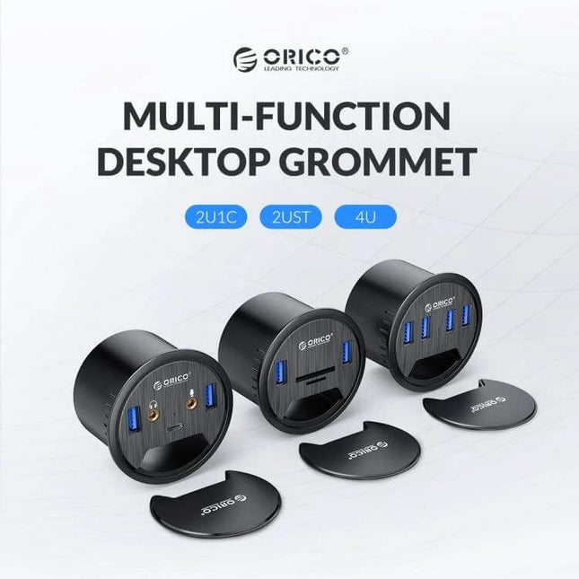 Orico Multifunctional 4-Port USB Hub for Desktop Device Connections shown as black round desktop grommet with multiple USB 3.0 ports reducing cable clutter