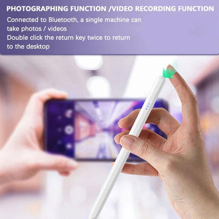 JT19 Universal Capacitive Stylus Pen for Phones and Tablets held for photographing and video recording, showing fingertip control and POM tip