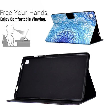Slim Protective TPU Leather Flip Case for Samsung Galaxy Tab A7 Lite showing blue mandala design and foldable flip stand for hands-free viewing