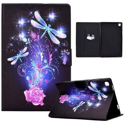 Slim Protective TPU Leather Flip Case for Samsung Galaxy Tab A7 Lite with purple rose and glowing dragonfly design, foldable stand and card slot
