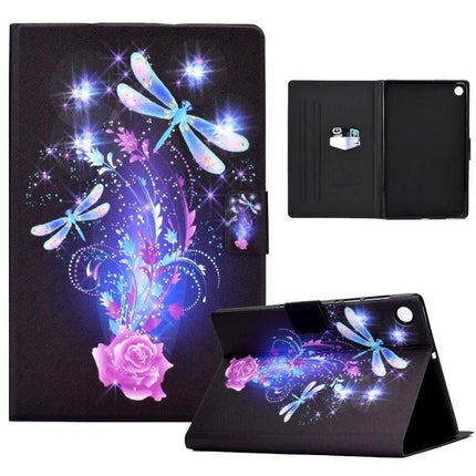 Slim Protective TPU Leather Flip Case for Samsung Galaxy Tab A7 Lite with blue dragonfly and pink rose design, foldable stand, card slot, slim protection