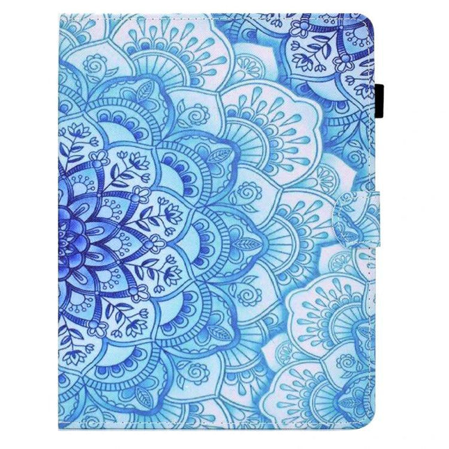 Pressed TPU Leather Protective Case for 8-10 Inch Tablets blue mandala flip-stand folio for travel and hands-free viewing