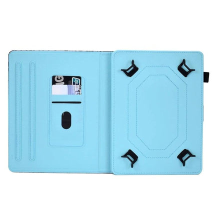 Pressed TPU Leather Protective Case for 8-10 Inch Tablets in light blue with flip stand, card slots and corner straps for secure hands-free viewing