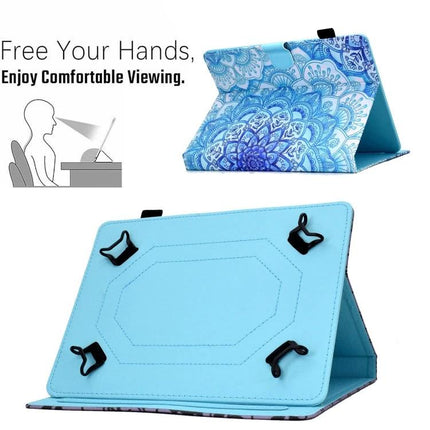 Pressed TPU Leather Protective Case for 8-10 Inch Tablets blue mandala flip stand for hands-free horizontal viewing and travel protection
