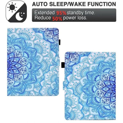 Pressed TPU Leather Protective Case for 8-10 Inch Tablets blue mandala flip stand with auto sleep/wake and hands-free horizontal viewing