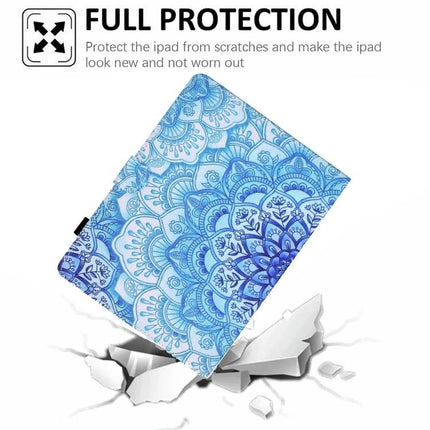 Pressed TPU Leather Protective Case for 8-10 Inch Tablets in blue mandala print with flip stand, durable everyday protection for travel and commuting