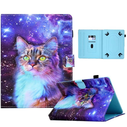 Pressed TPU Leather Protective Case for 8-10 Inch Tablets with colorful galaxy cat print, flip stand for hands-free horizontal viewing