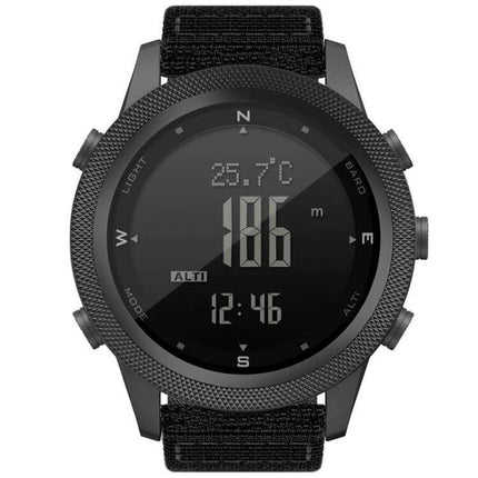 North Edge Apache Men's Waterproof Outdoor Sports Watch with Nylon Strap - black digital altimeter display showing altitude 186m and time 12:46