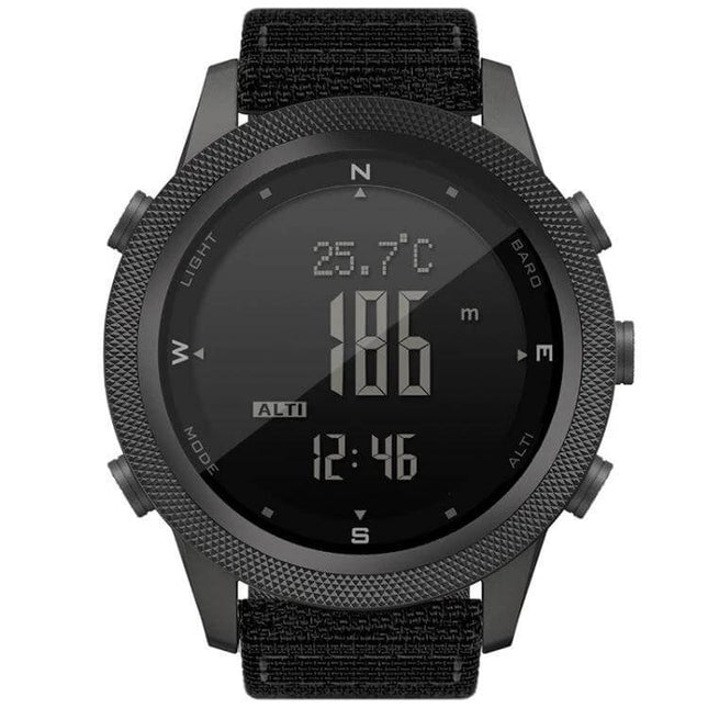 North Edge Apache Men's Waterproof Outdoor Sports Watch with Nylon Strap - black digital altimeter display showing altitude 186m and time 12:46