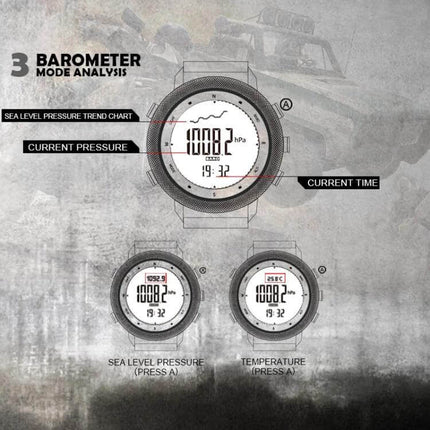 North Edge Apache Men's Waterproof Outdoor Sports Watch with Nylon Strap showing barometer, sea level pressure trend, current pressure and time display