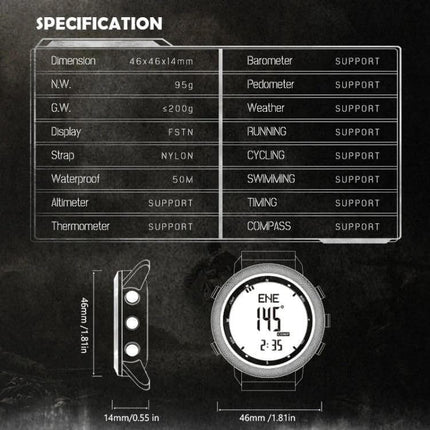 North Edge Apache Men's Waterproof Outdoor Sports Watch with Nylon Strap - specification chart showing dimensions, waterproof 50M, altimeter, barometer, compass, display and strap details