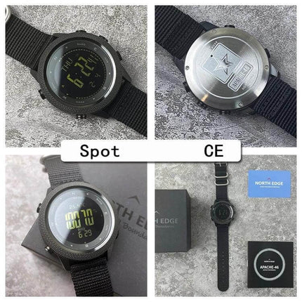 North Edge Apache Men's Waterproof Outdoor Sports Watch with Nylon Strap shown on textured background, front and back views, nylon strap and packaging