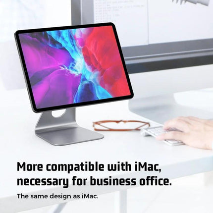 R-JUST L-shaped Magnetic Holder for Phones and Tablets on Desk holding a tablet on a silver aluminum desk stand for video calls and streaming