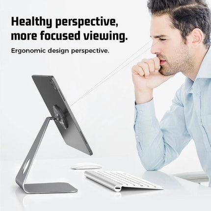 R-JUST L-shaped Magnetic Holder for Phones and Tablets on Desk showing tablet on aluminum stand angled for ergonomic viewing during video call