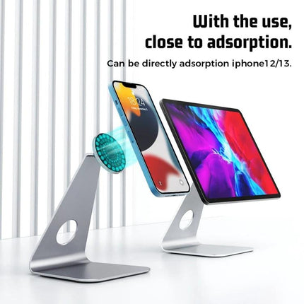 R-JUST L-shaped Magnetic Holder for Phones and Tablets on Desk showcasing aluminum alloy stand holding iPhone and tablet for video calls and streaming